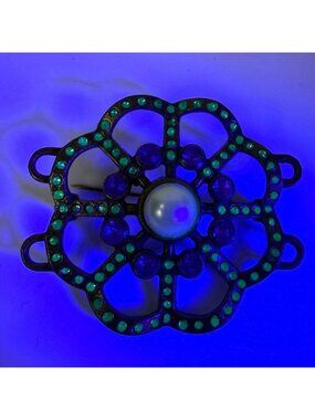Floral Faux Pearl UV Light Reactive Glow Green Rhinestones Brooch